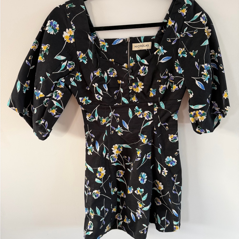 NICHOLAS Black Floral Puff-Sleeve Tunic with Square Neck